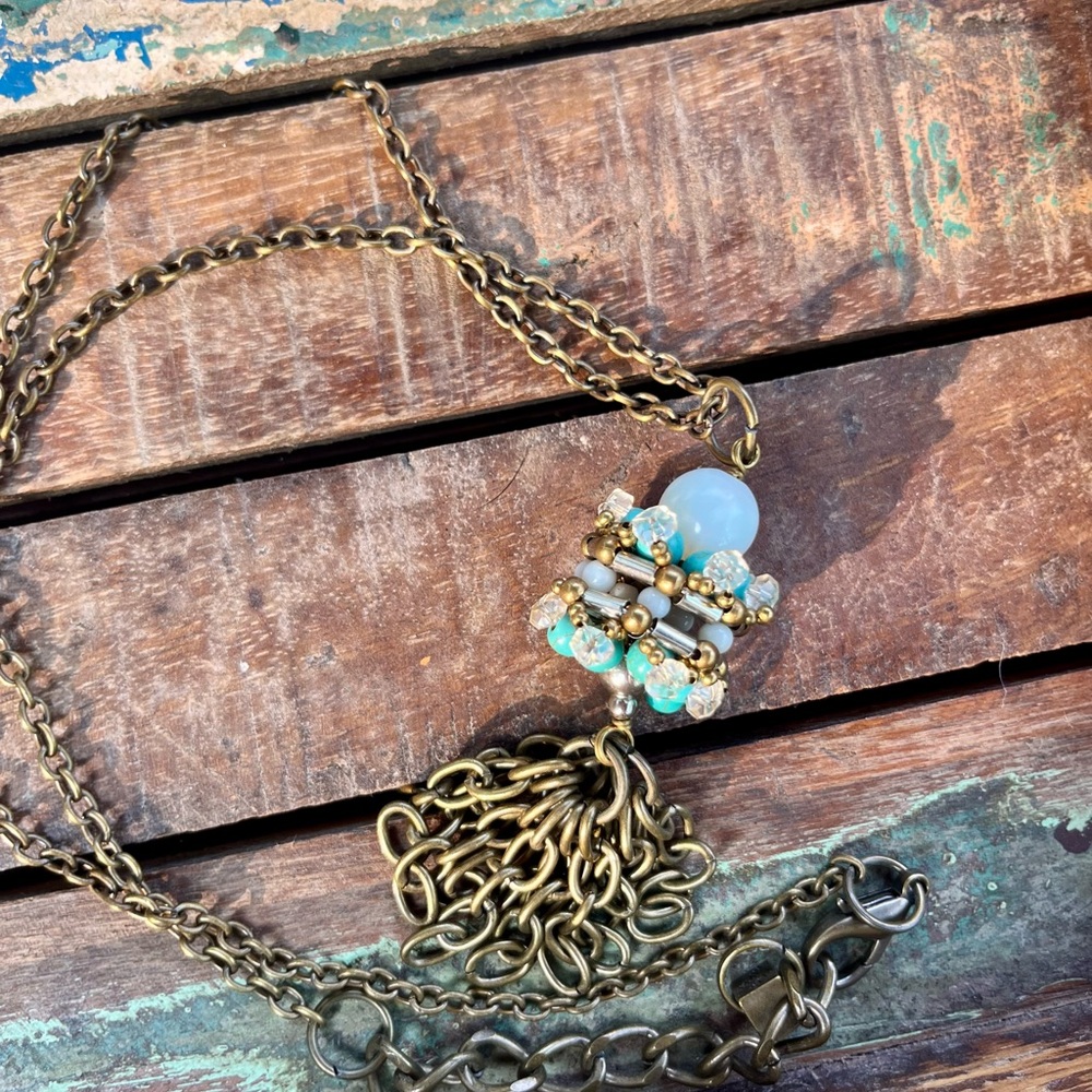 Pam Hiran, Anthropologie, Elegant Gold and Blue Beaded Necklace
